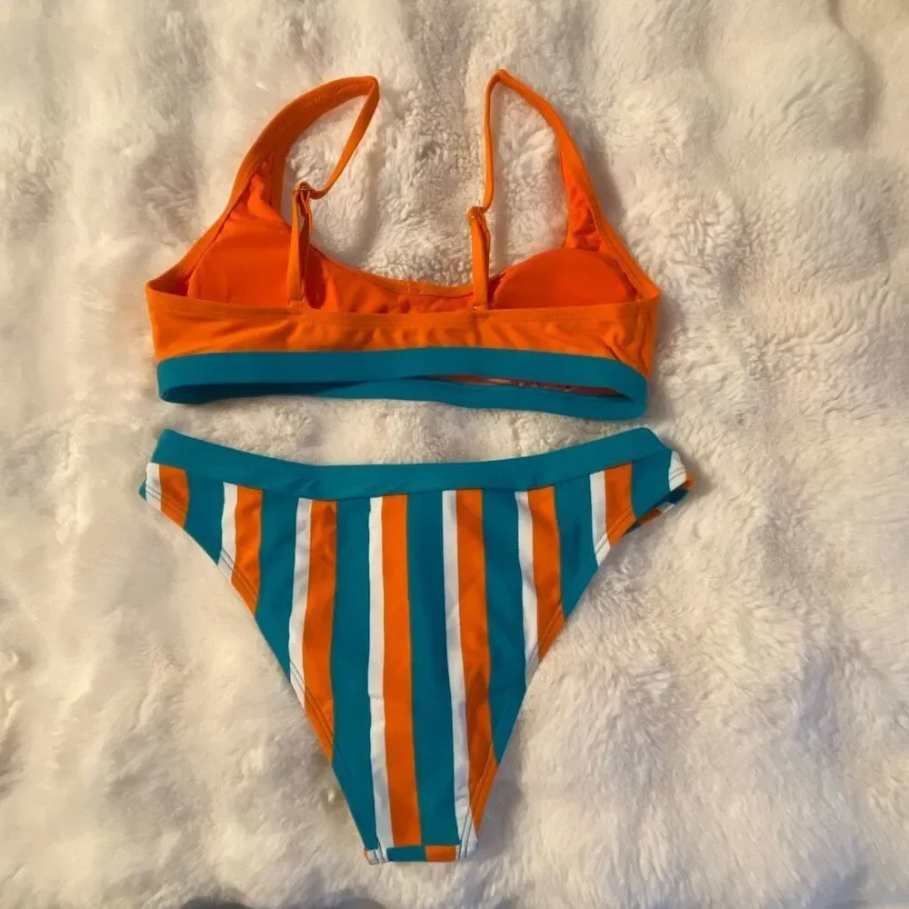 Cupshe Orange and Teal Striped Two-Piece Bikini Sz Small